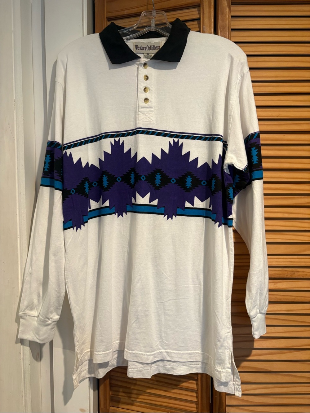 Vintage 90s Western Outfitters Polo Shirt Mens Aztec Geometric Long Sleeve Med